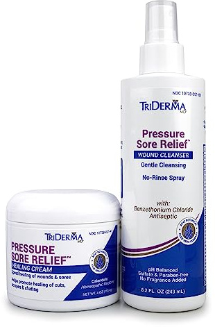 TriDerma MD Pressure Sore Relief Healing Cream & Wound Cleanser - FSA Eligible - Bed Sores, Ulcers, Pressure Sores and Wounds Bundle, (1) 4 oz jar, (1) 8.2 oz Spray Bottle