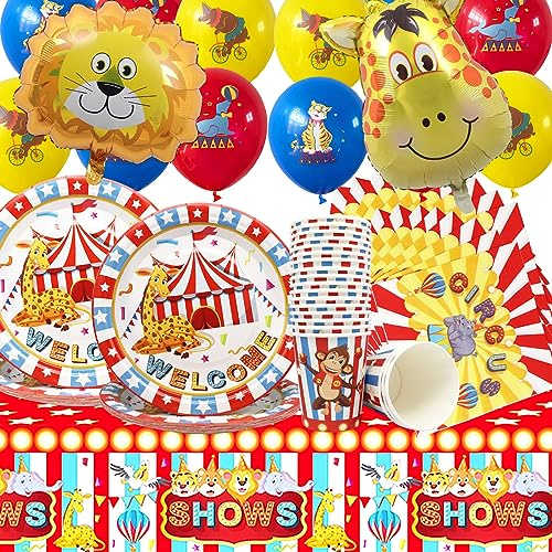 Doyomtoy 75 Pcs Zirkus Kindergeburtstag Geschirr Set,rot und weiß gestreiftes Zelt,Party-Dekorationen Zirkus Geschirr Teller,Tassen, Servietten,Luftballons Tischdecken,Party-Dekorationen