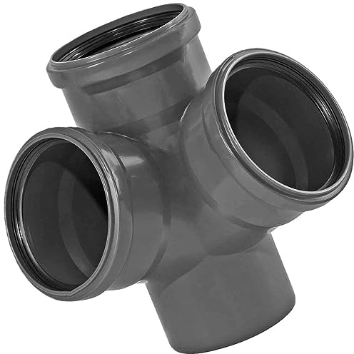 MegaHaustechnik HT Eckdoppelabzweig Winkel 67,5 Grad DN110 für Rohr Außendurchmesser 110mm mit 3 Steck Muffen und Gummi Dichtungen, Steck-Ende außen Ø 110mm, Abwasser Abfluss Leitung Kunststoff grau