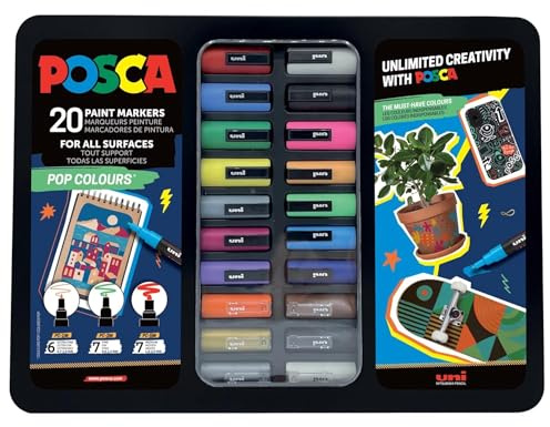 Posca Uni-Ball 186832 - Juego de 20 Rotuladores Acrílicos Pop Colours en Estuche, Punta PWE5M 1.8-2.5 mm