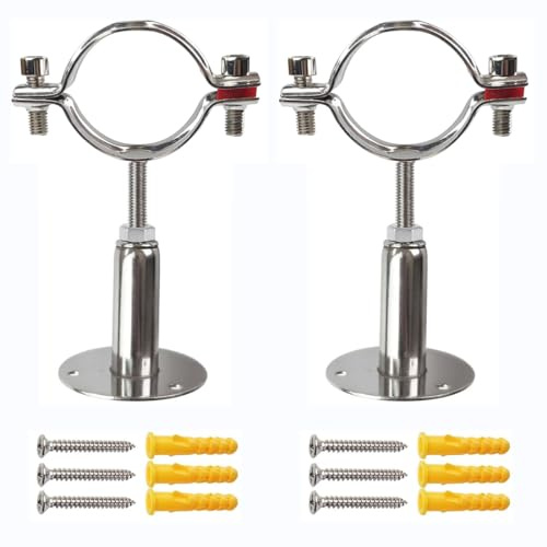 2 Stainless Steel Wall Mount Ceiling Mount Pipe Support，Adjustable Pipe Bracket Clamp Comes with Screws and Expansion Tube fit for Pipe, Tube or Rod Fixing（2pack） (2)