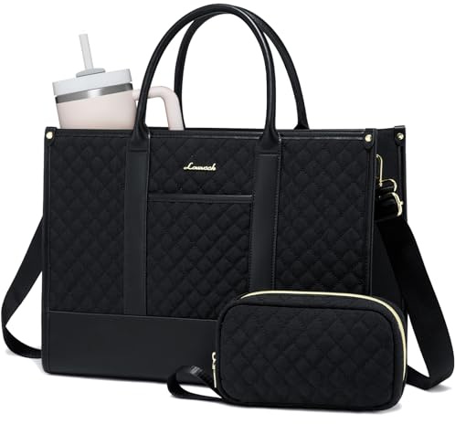LOVEVOOK Laptop Bags for Women, 15.6 inch Waterproof Work Tote Bag with Clutch, Professional Teacher Computer Purse Lightweight Shoulder Bag Travel, Quilted Black