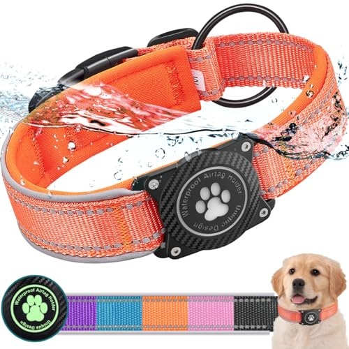 Ytanest Leuchtend AirTag Hundehalsband Halter 100% Wasserdicht Integriertes Apple Air Tag Reflektierend für mittlere große Hunde, Orange, S