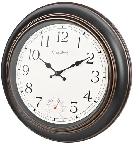 Crosstime Grande horloge d'extérieur étanche 45,7 cm – Horloge murale rétro d'intérieur et d'extérieur avec thermomètre pour terrasse, piscine, jardin, salon, décoration bronze