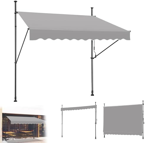 CEEDIR Klemmmarkise mit Handkurbel 300cm breit Balkonmarkise Verstellbar ohne Bohren Sonnenschutz UV-beständig Wasserabweisend Markise Terrassenüberdachung für Terrasse Balkon, 300x120cm Grau