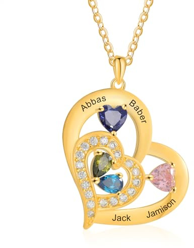 Lam Hub Fong Personalisiert Namenskette mit 1-6 Namen Geburtsstein Silber/Gold/Rose Kette mit Gravur Damen Mutter Tochter Kette Geschenke für Muttertag Weihnachtstag Geburtstage