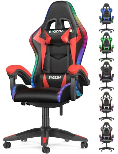 Bigzzia Silla Gaming Ergonómica con Luces LED, Altura Regulable, Apoyo Lumbar y Reposacabezas, Respaldo Inclinable hasta 155°, Utilización RGB, Rojo