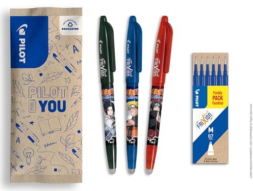 PILOT x Naruto FriXion Ball Set mit 3 Kugelschreibern, Schwarz, Blau, Rot + 1 Set mit 6 blauen Minen – radierbare Stifte – Naruto Shipudden Limited Edition – nachfüllbare Tintenroller – Blau –