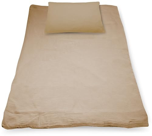 PinkZebra Set Kinderbettwäsche 100% Bio-Baumwolle-Musselin 100 x 135 cm + 40 x 60 cm, Bettwäsche für Mädchen & Jungs, GOTS-Zertifizierung, Made in EU, Beige