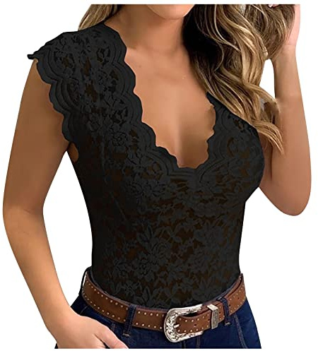 Generisch Spitzentop Damen Basic Top mit Spitze V Ausschnitt Sommer Oberteile Elegant Camisole Top Sexy Tank Top Lässig Ärmellose Crop Top Slim Fit Trägertops Luftig Tunika Bluse(A01 Black,XXL)