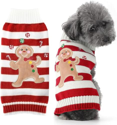 SKXEO Weihnachten Hund Pullover Kostüm, Neujahr Haustier Kostüm warm Winter Pullover gestrickt Weihnachten Haustier Kleidung für Welpen Katze Hunde (Gestreifter Lebkuchenmann-Pullover, S)