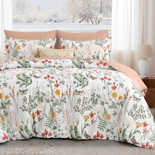 Yiran 7 Piece Floral Comforter Set Queen Size, Pink Green Summer Comforter Bedding Set, Botanical Bed in a Bag with Flowers Pattern, Soft Microfiber Complete Bedding Set with Sheets for All Season