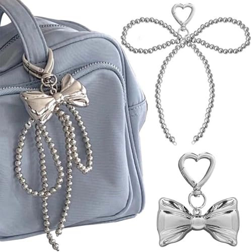 Silber Bogen Schlüsselanhänger Damen Taschenanhänger Handyanhänger Accessoires Schleife Schlüsselringe Rucksack Bag Charms Anhänger Set Cute Keychain Aesthetic Bow Phone Charm Schlüsselring Deko