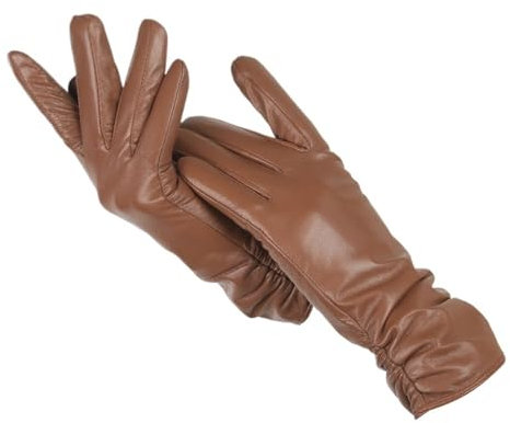 WENH Klassische plissierte Lederhandschuhe Damen Farbe Echtleder Handschuhe Damen Schaffell Echtleder Winterhandschuhe Damen(Khaki,7.5)