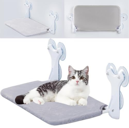 Foldable Cat Window Hammock Perch with 6 Powerful Suction Cups up to 20kg, 52X30CM Solid Metal Frame Indoor Cats Summer & Winter Bed with Reversible Washable Cover