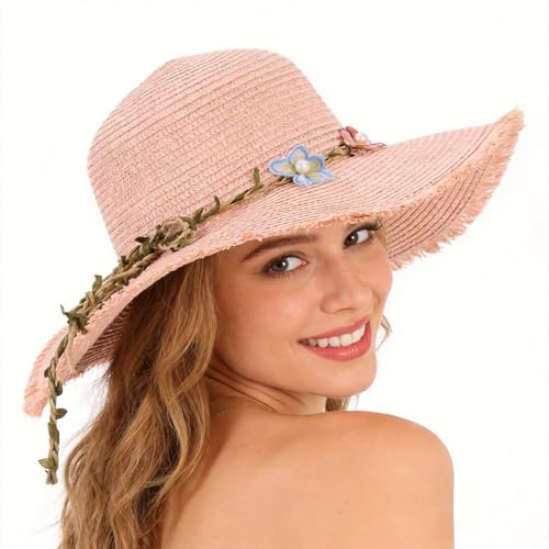 LY4U Sombrero de Paja para Mujer con Protección UPF 50, de Playa y Viaje, Estilo Floppy Roll Up para Verano