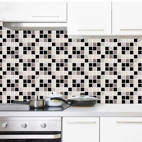 Piastrelle Adesive Cucina 10x20 cm Mosaico Nero Beige Piastrelle Adesive Bagno Impermeabile Pavimento pvc Adesivo Mobili Decorazione Mattonelle Adesive Antiolio Piastrelle Adesive (24 Pezzi)