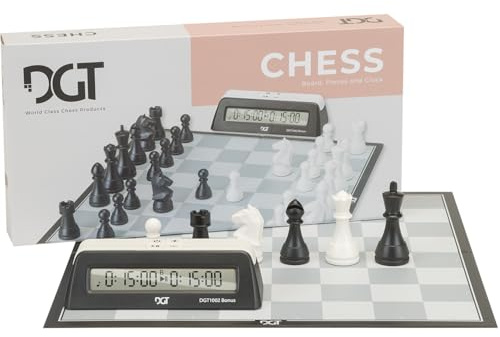 DGT Chess Box with Clock | Foldable Chess Set with DGT1002 Bonus Timer | Weighted Modern Staunton Pieces for Children | Portable Board with Indices & Extra Queens | Ages 3+