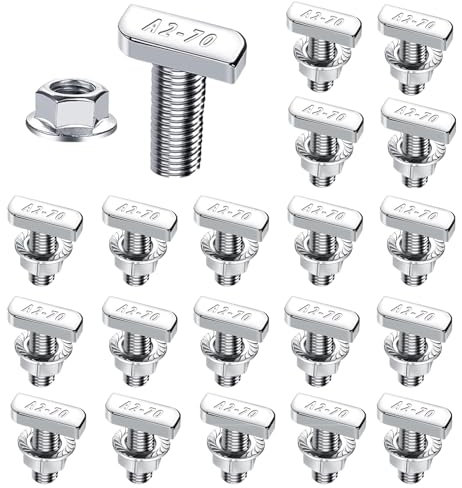 Set di 20 viti a testa martello, M8, in acciaio inox A2-70, pietre scanalate M8 x 20 mm, viti a testa martello, con dadi a flangia M8, per guide di montaggio fotovoltaico