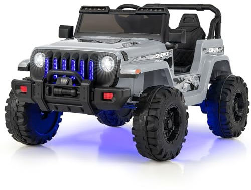 COSTWAY Coche Eléctrico para Niños 12V, Vehículo Todoterreno con Velocidad Ajustable, Vehículo Eléctrico de Juguete con Control Remoto 2,4G, Música, Puerto USB, Bluetooth, Luces (Gris)