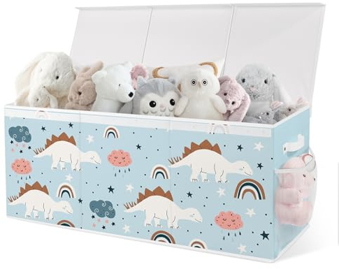omedecal 3 fack leksakslåda förvaring, vikbar leksakskorg med lock och nätficka, extra stor leksakslåda för barn, organiserare för klädbok, barnkammare sovrum 95,5 x 32 x 40 cm (dinosaurie)