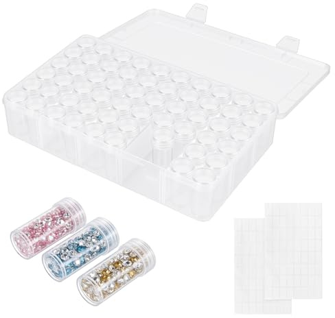 JIAYUET 60 Slots Diamond Painting Storage Box Set, Transparent Bead Organizer with Labels, Small Plastic Bottles for Diamond Art Accessories