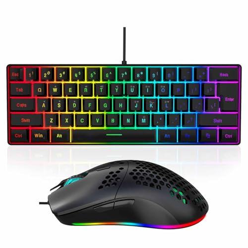 Plyisty Combo de Teclado y Mouse de Juegos con Cable, 61 Teclas RGB Retroiluminado Teclado Multimedia y 6400 Velocidad de Mudanza Diseño de Recorte Ergonómico Ratón para Juegos y Oficina (Conjunto