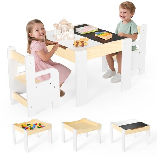 STYPLZ 4 en 1 Table Enfant avec 2 Chaises, Montessori Table Enfant, Tableau Noir Inscriptible, Espace de Rangement, Bords Arrondis, Structure en Bois Solide, pour Manger, Etudier et Jouer, 2-8 Ans