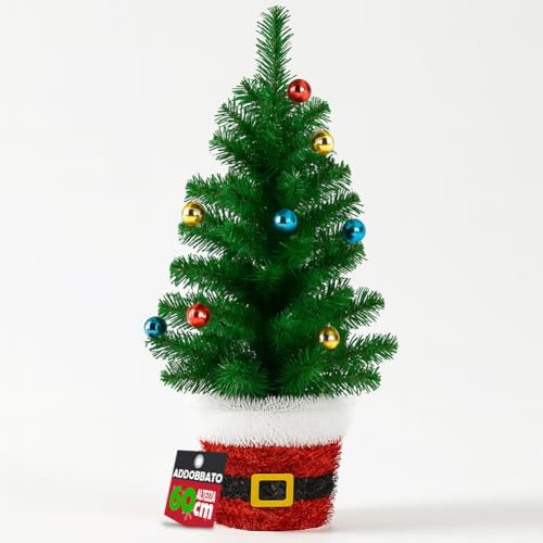 BAKAJI Albero di Natale in Filo con Palline Natalizie, Alberello Natalizio Addobbato con Base Rossa con Cintura di Babbo Natale, Decorazione Natalizia Accattivante per Negozi, Casa, Vetrine (60 cm)