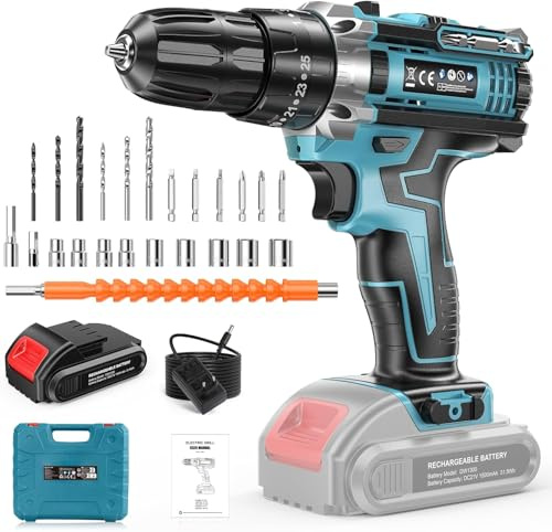 Taladro Percutor a Bateria 21V con 1500mAh, Taladro Atornillador Batería, 30Nm,25+3 Ajustes de Par,Taladro Bateria