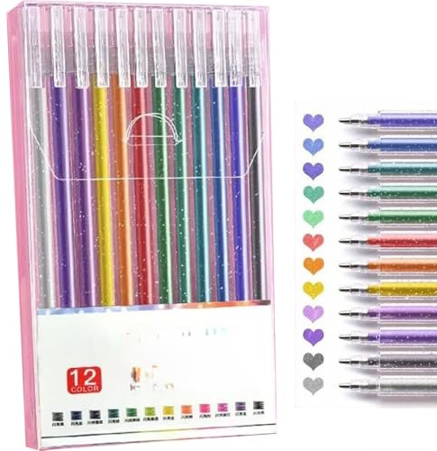 ZIOYANE Glitzer-Gelstifte, funkelnde und bunte Gelstifte, Kunststoff, fluoreszierender Stift zum Ausmalen, Set für Studenten, Journaling und Malbücher, 12 Stück