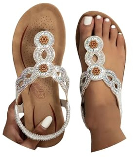 Damer fuskläder öppen tå T-stång diamant ädelsten platta sommarsandaler vardaglig lätt dra på rutschkana platåtofflor strand semester väsentlig sommar eleganta mjuka sulor halkfria sandaler, E Silver
