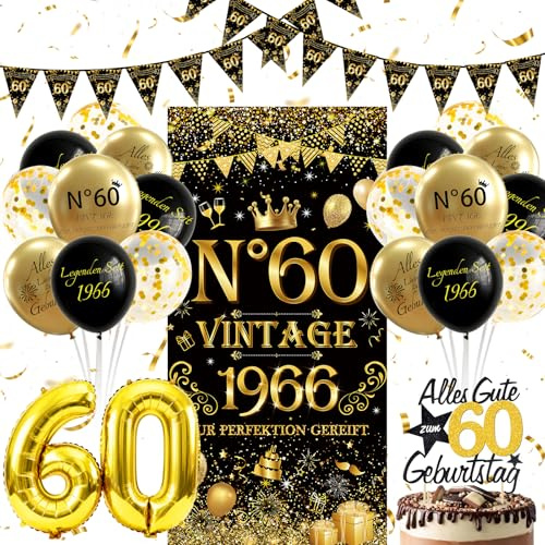 yosiio 60 Geburtstag Deko Geburtstagsdeko Frau Männer Vintage 1966 Banner | Schwarz Gold Luftballons, 60. Geburtstag Dekorationen Set