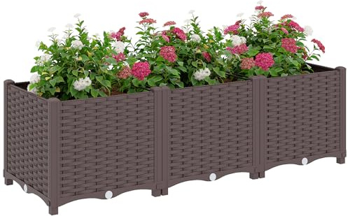 Outsunny Jardinière surélevée, lit de Jardin en Plastique, jardinières Auto-irrigantes avec Trous de Drainage et Bouchons, Montage Facile pour légumes, Fleurs, Herbes, 120 x 40 x 37 cm, Marron