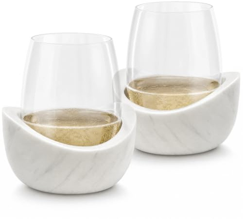 White Marble Wine Chiller Set of 2 Stemless Glasses