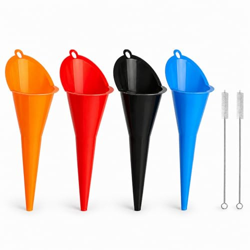 4 PCS Universal Oil Funnel for Car, 11 Inch Fuel Funnels with Long Neck | Plastic Funnel for Car with Cleaning Brush for Filling Automotive Oils Engine Oil Water Diesel