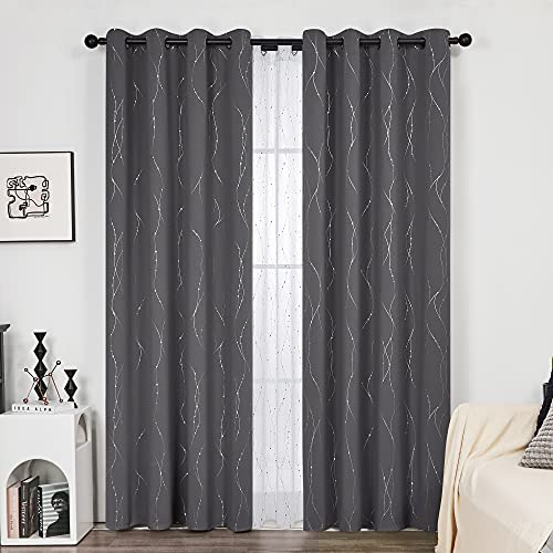 Deconovo Cortinas Opacas de Salón Diseño Líneas Plateadas para Habitación con Ojales 140 x 240 cm 2 Paneles Gris Oscuro