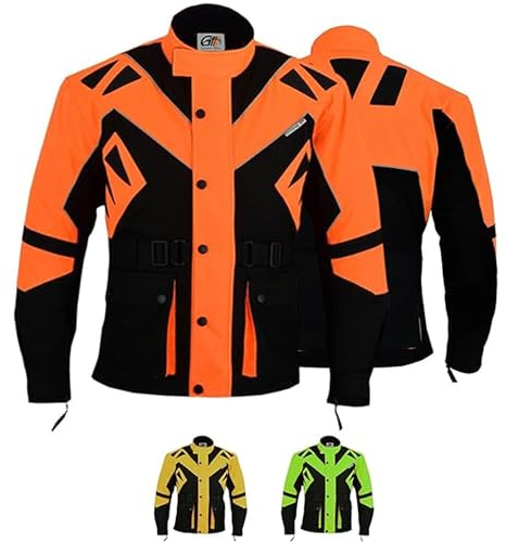 German Wear Motorradjacke mit CE-Protektoren 4-Lagen System Abnehmbares Thermofutter Winddicht Reflektierend mit 5 Taschen für Touring & Alltag Orange Gelb Grün/Schwarz