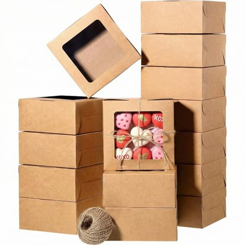 50 Pieces Bakery Box with Window Cookie Boxes Mini Kraft Boxes Gift for Pastries, Candy, Pie, Cupcakes, Soap Packaging for Homemade Soap (Brown,6.3 x 6.3 x 3 Inch)