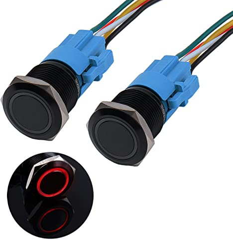 JIQI 2 × 19mm Interruptor de botón momentáneo 12V a 24V 3A IP66 1NO1NC Pulsador Electrico a prueba de agua precableado con iluminación LED Cuerpo de metal negro para automóvil DIY (Rojo)