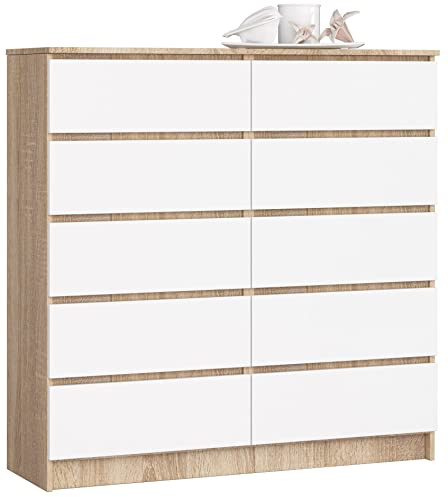 AKORD Kommode K-120 mit 10 (2 x 5) Schubladen | für das Wohnzimmer Schlafzimmer Schrank Büro Arbeitszimmer | Modernes Funktionales Design | B120 x H121 x T40 cm, Gewicht 70 kg | Sonoma Eiche/Weiß