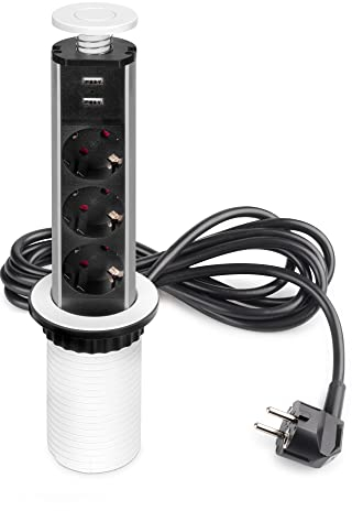 Emuca - Blocco multipresa a scomparsa con 3 prese schEUo EU e 2 porte USB, torretta multipresa a scomparsa per piano lavoro di cucina o scrivania, Verniciato bianco, Tecnoplastica e Alluminio