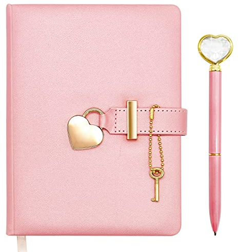 Hioph Secret Diary with Lock, Heart Shaped Lock Diary with Key, PU Leather Cover Secret Notebook Stationery Set with Heart Diamond Pen, Planner Organizers Journal for Girl Birthday Gift