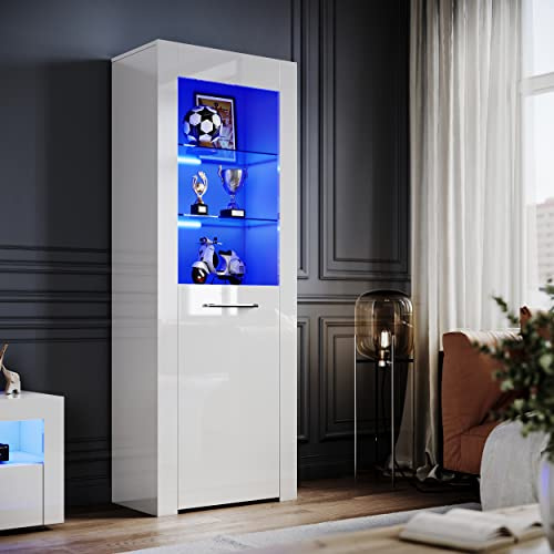 ELEGANT White Gloss Sideboards, Tall Display Cabinet Unit with LED Lights