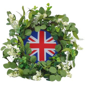 Leafy Creations 20-21 Union Jack Eucalyptus and Berries Coronation Spring Wreath for Front Door. Easter Wreath for Front Door UK with Patriotic Flag. (Union Jack)