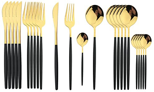 Couverts Ensembles Ensemble De Couverts En Acier Inoxydable Couteau Fourchette Cuillère Vaisselle De Table Vaisselle De Cuisine Cadeau Ensemble De 24 Pièces Noir Et Or