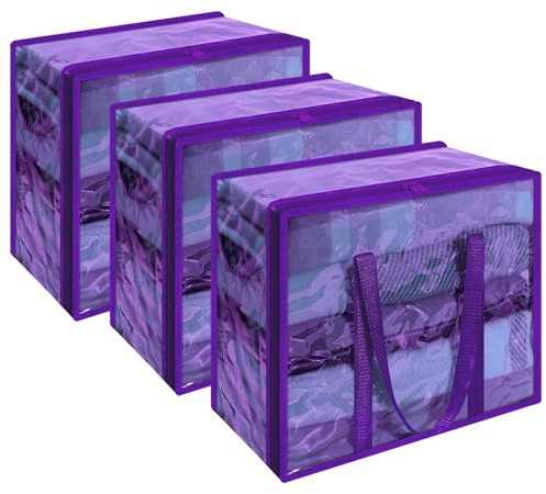 Vieshful 3 Stück Aufbewahrungstasche für Kleidung mit Verstärktem Griff Faltbare Unterbett Aufbewahrungsbox Vinyl Organizer für Bettdecke 40L Violett