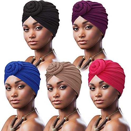 DRESHOW 5 Stücke Afrikanischen Turban für Damen Soft Vorgebunden Knot Mode Plissee Turban Hut Mütze Kopfwickel Schlafmütze