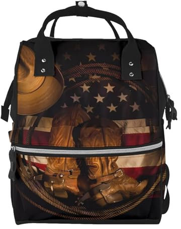 OrcoW Amerikanische Flagge Mit Cowboystiefeln Drucken Wickeltasche Mumie Rucksack Große Kapazität Multifunktions Wasserdichte Windeltasche Für Mama Und Papa, Schwarz , One size