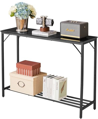 YMYNY Konsolentisch, Beistelltisch,107×30×78CM Schwarz HST006B | Modisches Spleißdesign, Eingangstisch, Schmaler Sofatisch mit offenen Regalen, für Eingangbereich, Wohnzimmer, Büro